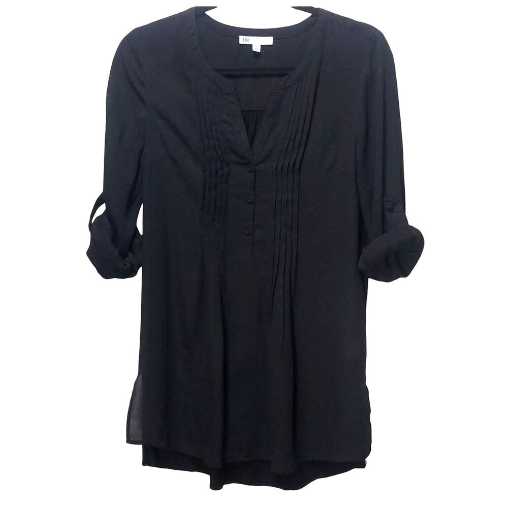 DR2 Daniel Rainn Roll Tab Pleated Tunic V-Neck Blouse Black Size Small